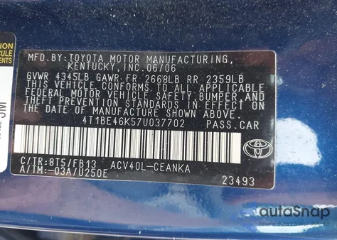 2007 Toyota Camry Ce/Le/Xle/Se из США, поврежденный, VIN 4T1BE46K57U037702